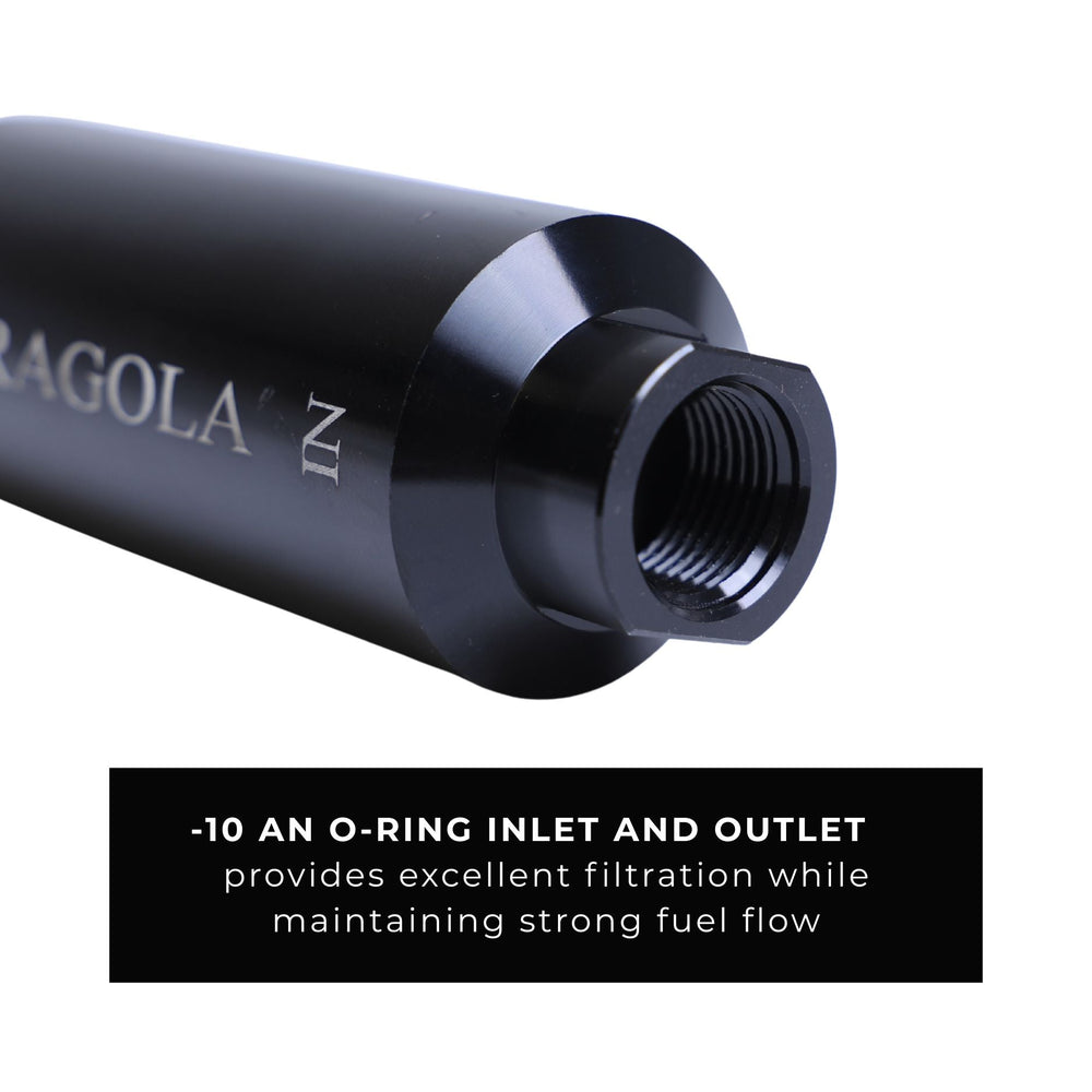 100 micron EFI fuel filter billet aluminum with 'Fragola' branding on a white background