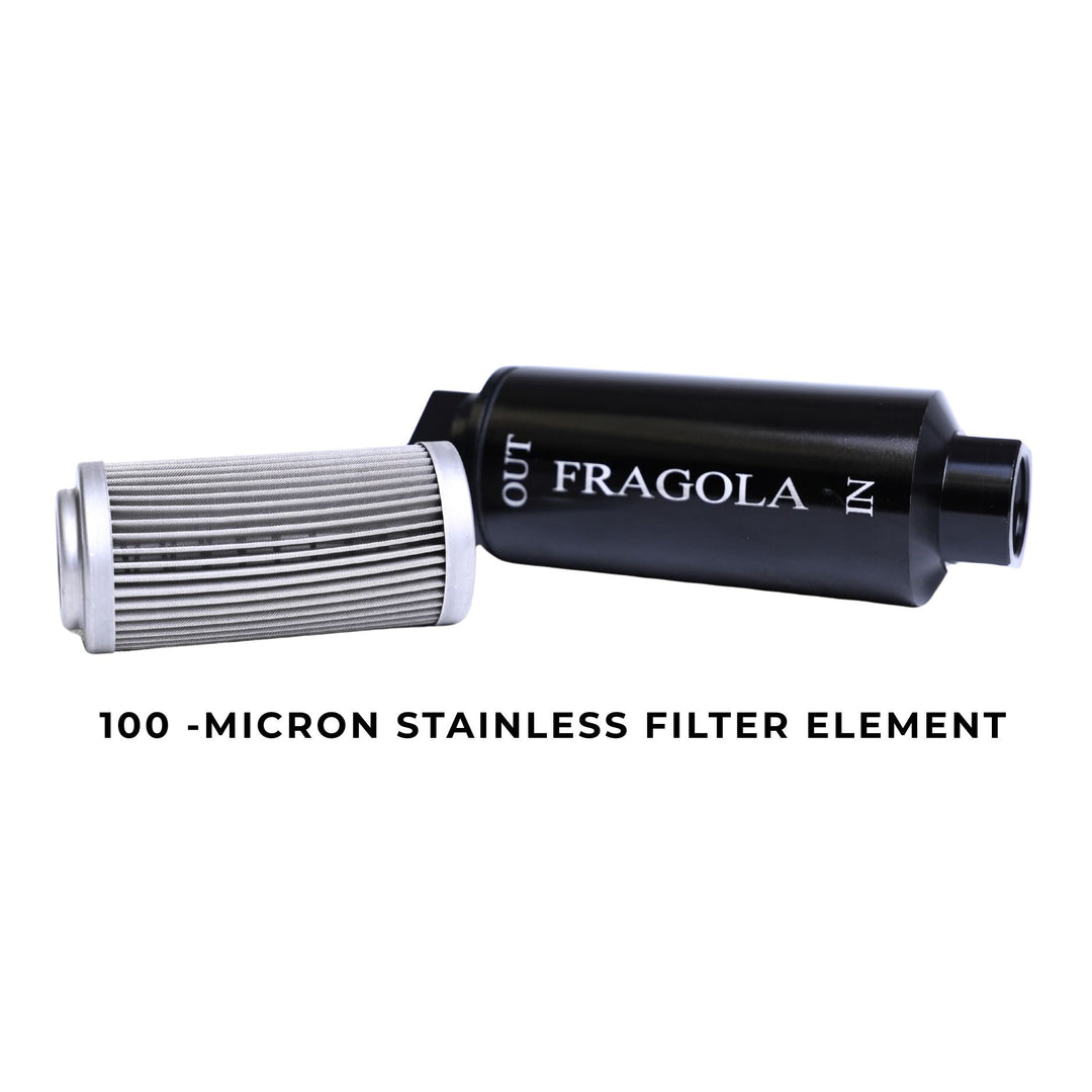 Fragola 100-micron stainless -10 ORB fuel filter for LS swap on a white background