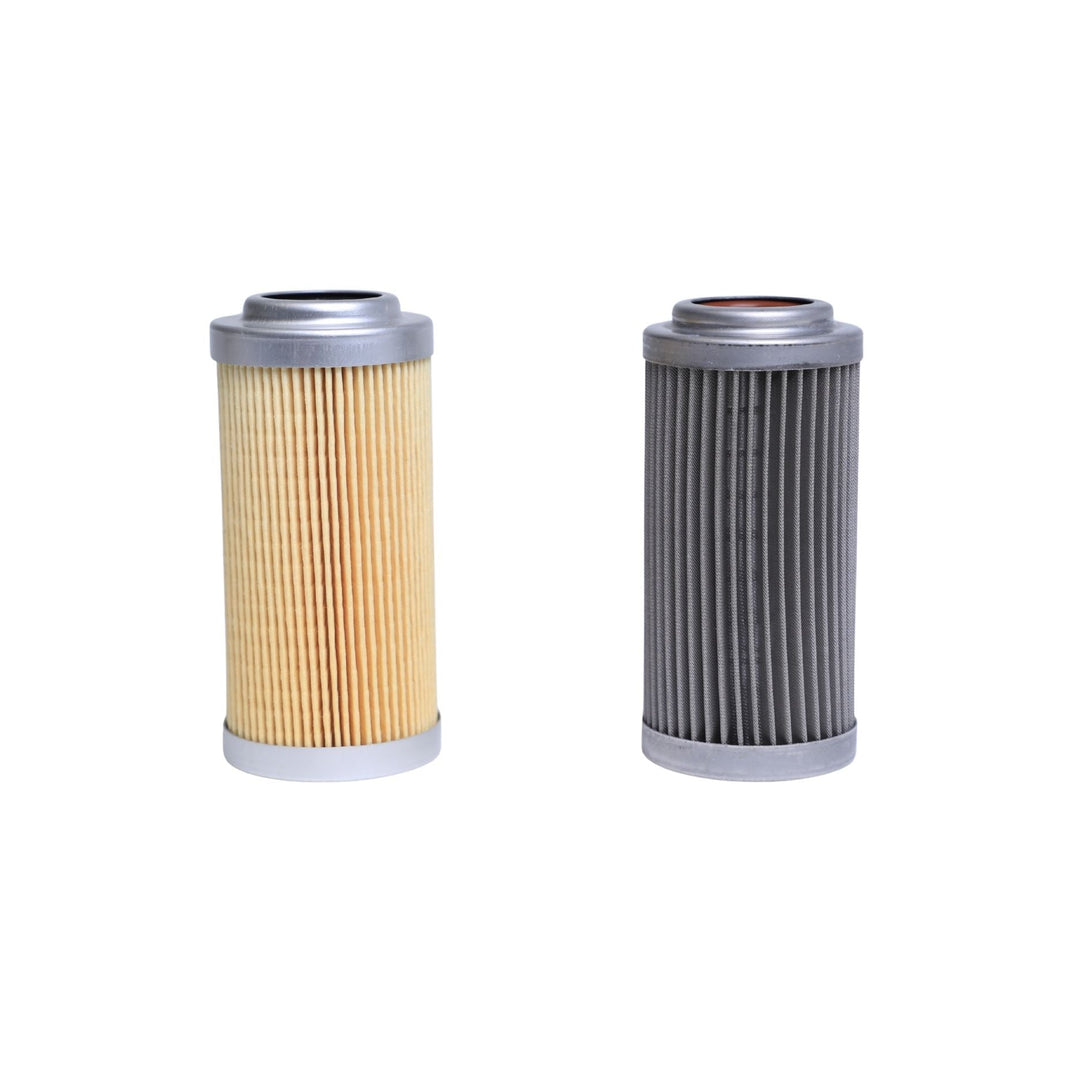 Fragola 10 micron and 100  fuel filter replacement elements, one paper and one stainless mesh on a white background
