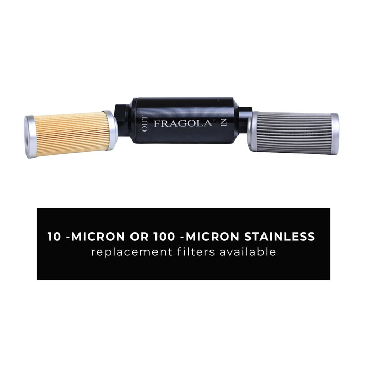 Fragola pre filter elements with 10-micron or 100-micron stainless replacement filters text on a white background