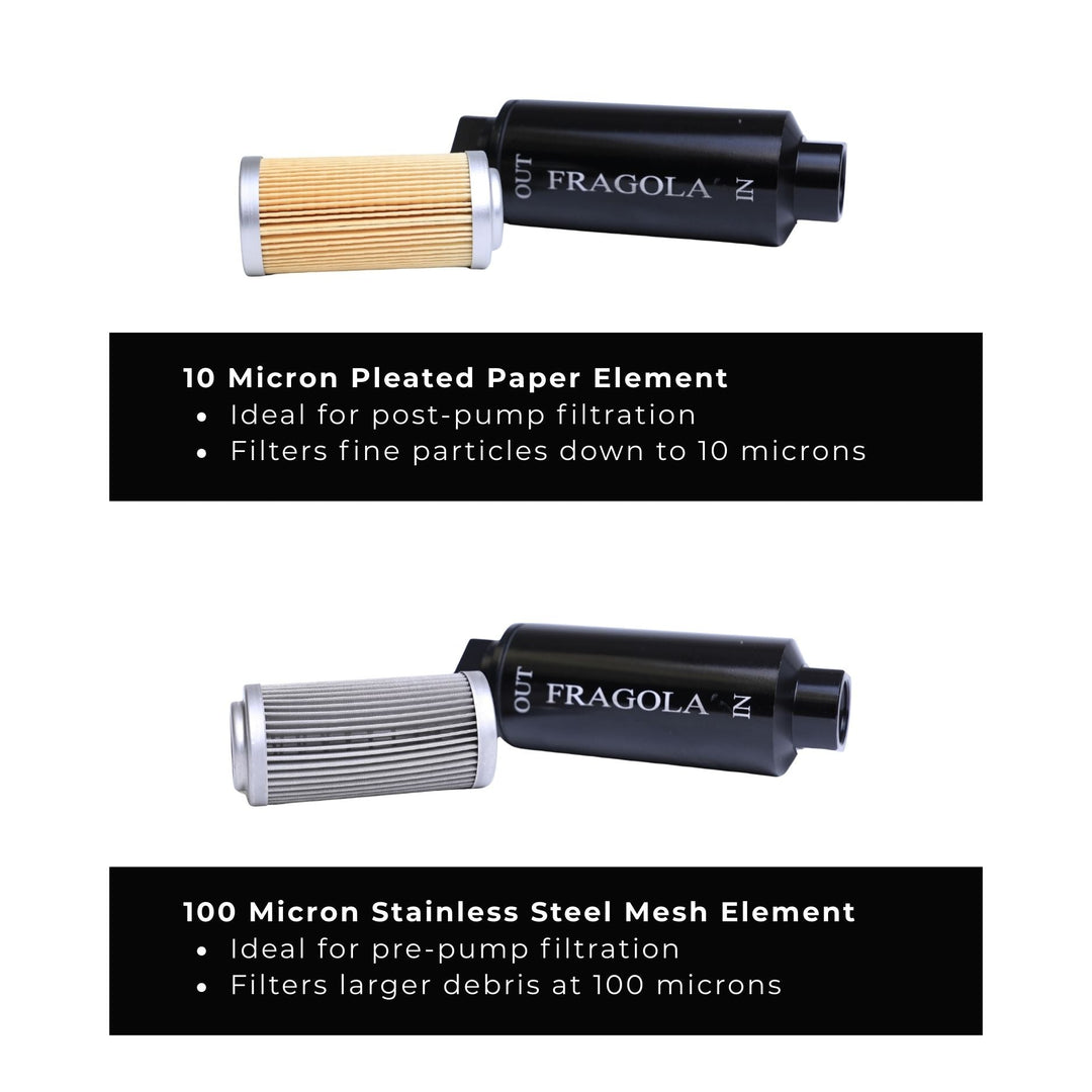 Fragola EFI fuel filter element for LS swap with text describing their use cases on a white background.