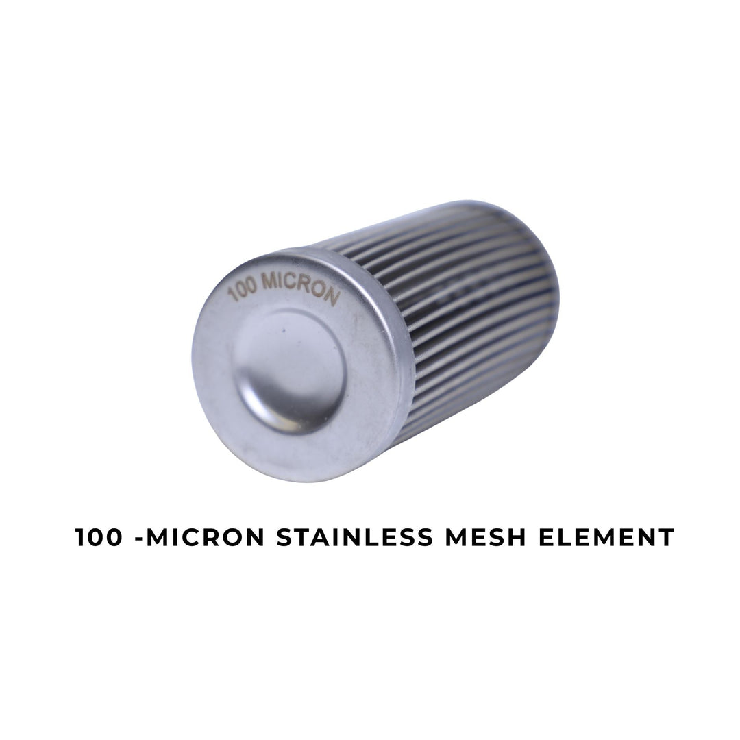 100-micron stainless mesh cleanable fuel filter insert on a white background