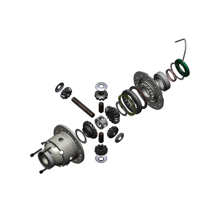 Exploded view of Dana 44 traction locker upgrade including gears and bearings on a white background