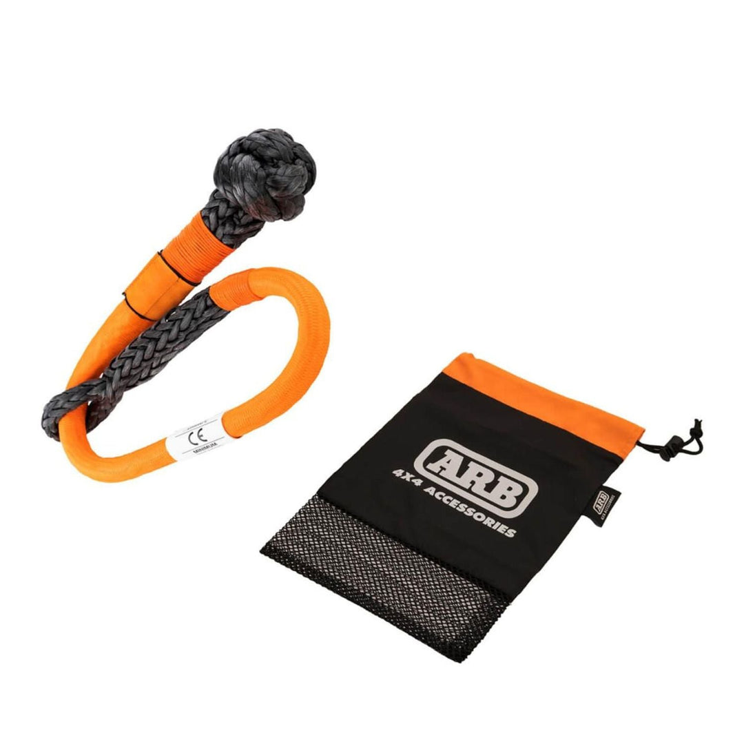 Orange and black ARB soft connect shackle UHMWPE with a drawstring bag featuring ARB logo on a white background