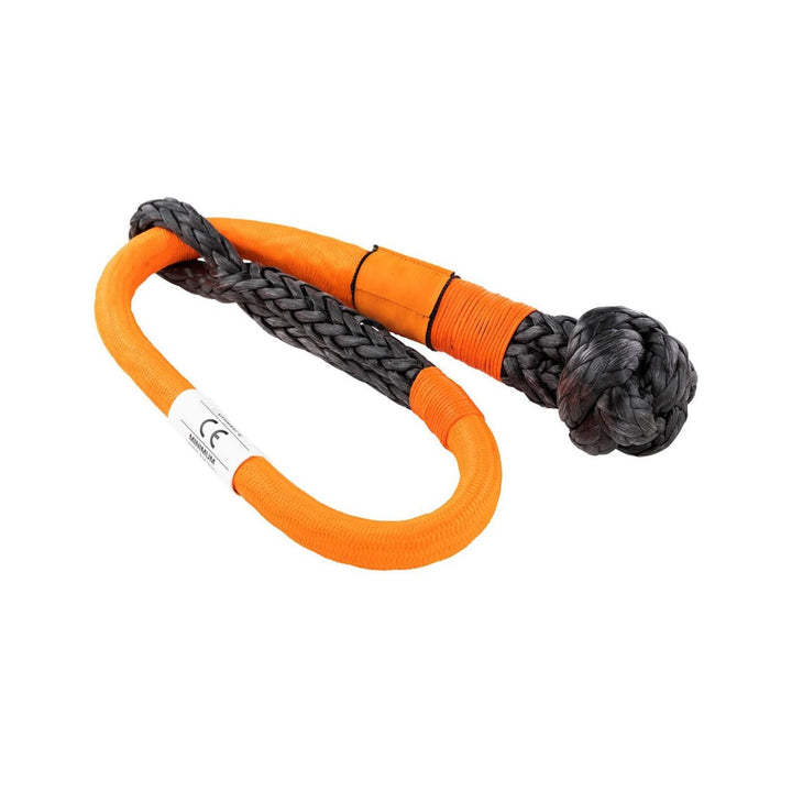 Orange UHMWPE soft shackle with braided shield on a white background