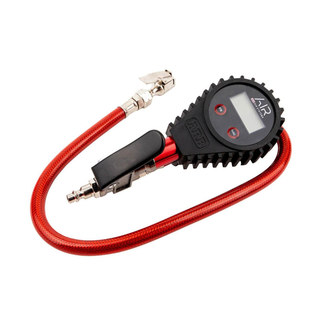 arb digital tire inflator blue lcd gauge with red hose on a white background