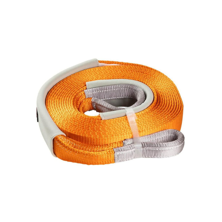Orange kinetic recovery strap for off road trucks with gray padding on a white background