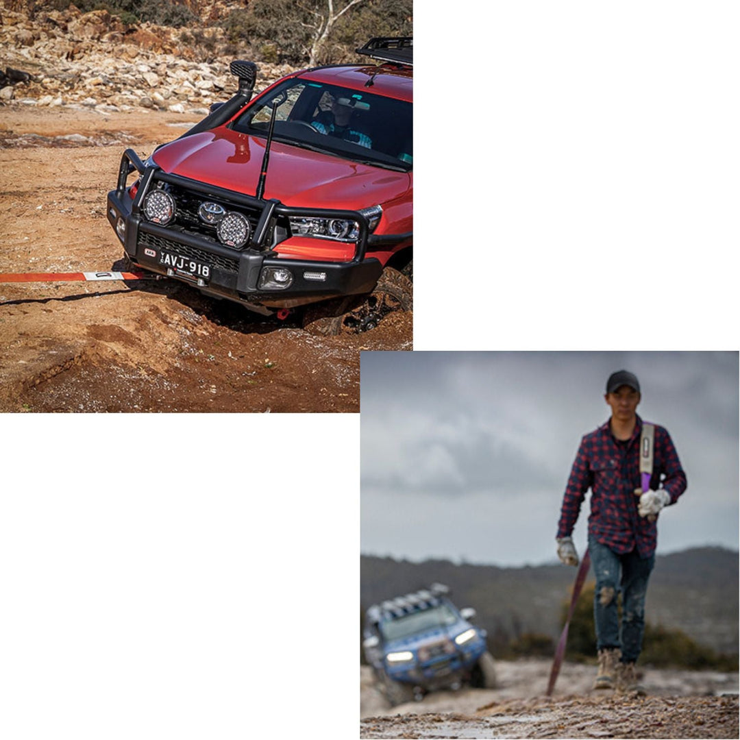 Collage of a red off-road vehicle on a dirt track and a person holding a nylon snatch strap for jeep toyota recovery in a mountainous area.