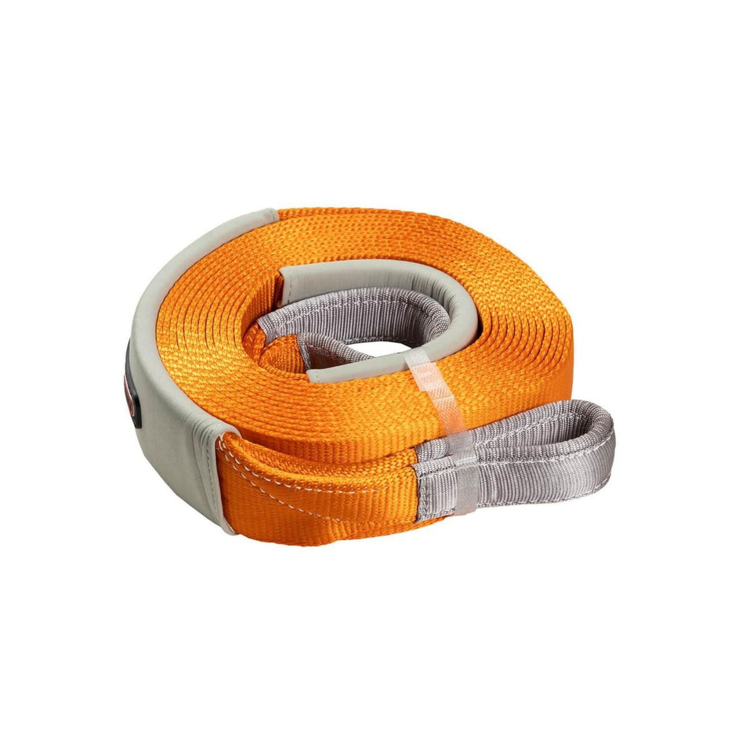 Orange and gray Off-road vehicle recovery snatch strap on a white background