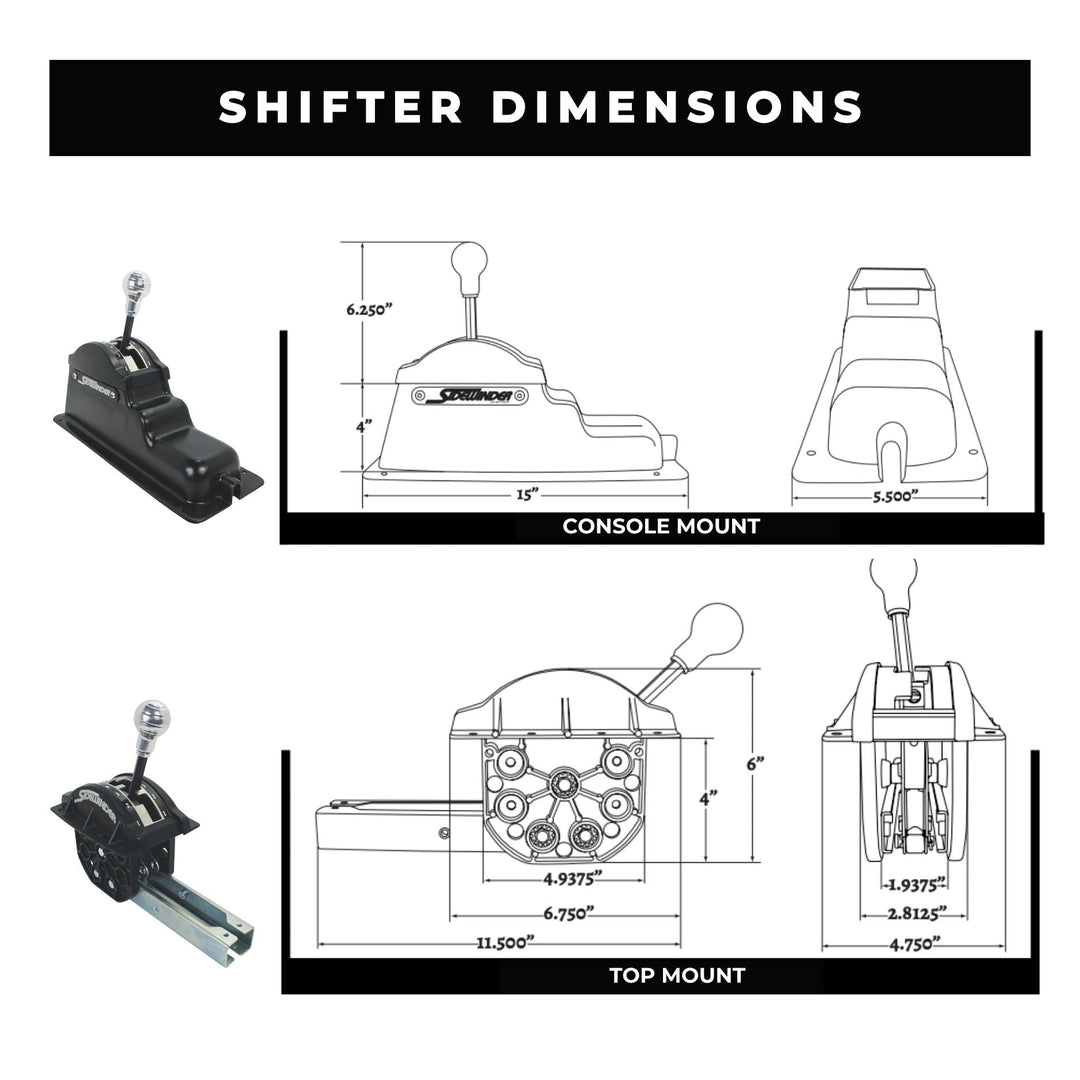 Art Carr Shifter dimensions diagram with console and top mount illustrations and measurements.