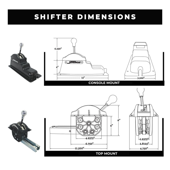 Art Carr Shifter dimensions diagram with console and top mount illustrations and measurements.