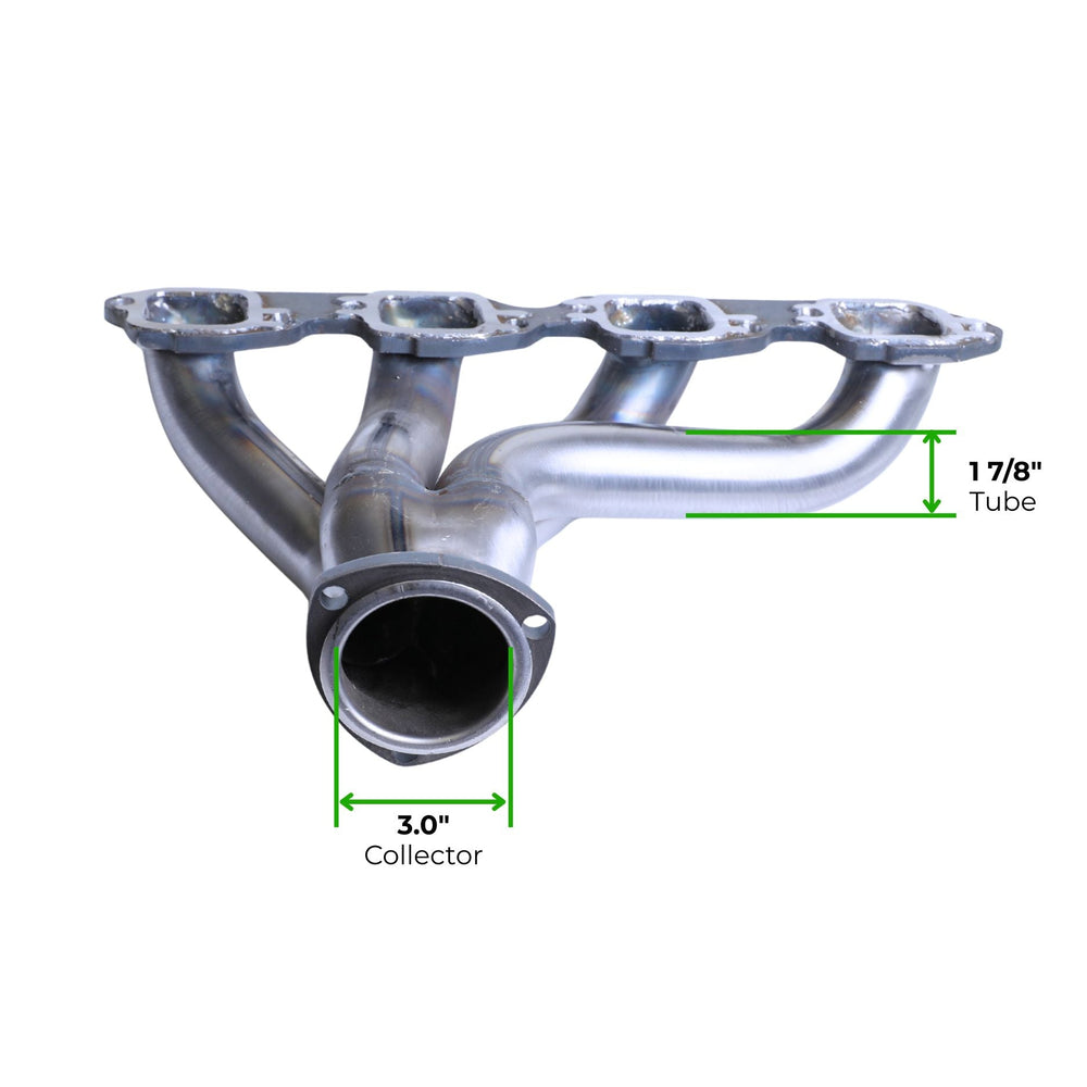 Tight fit big block Chevy headers for hot rods with dimensions labeled on a white background
