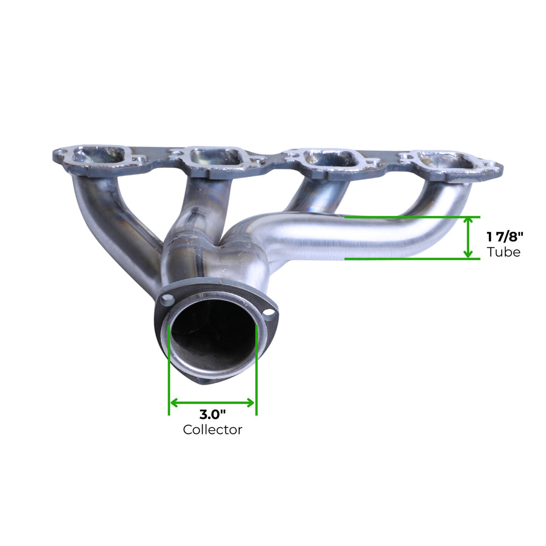 Tight fit big block Chevy headers for hot rods with dimensions labeled on a white background
