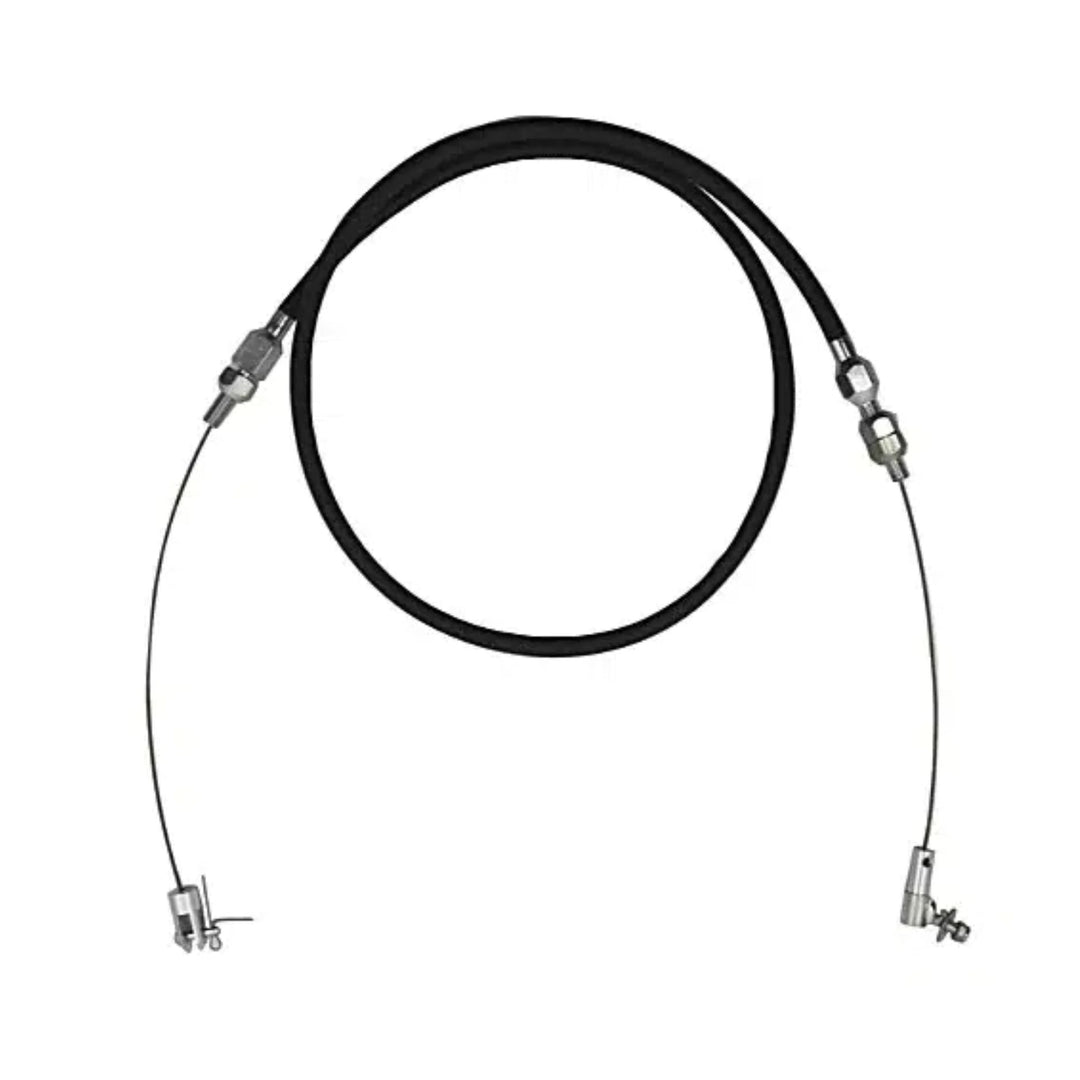A black braided throttle cable for LS swap with silver metal connector ends, shown on a plain white background.