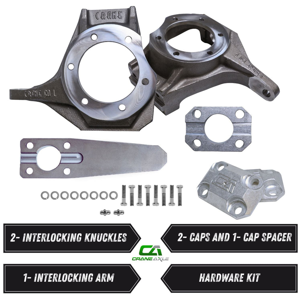 Crane Axle high steer Dana 60 upgrade kit with interlocking knuckles, caps, and arm on a white background
