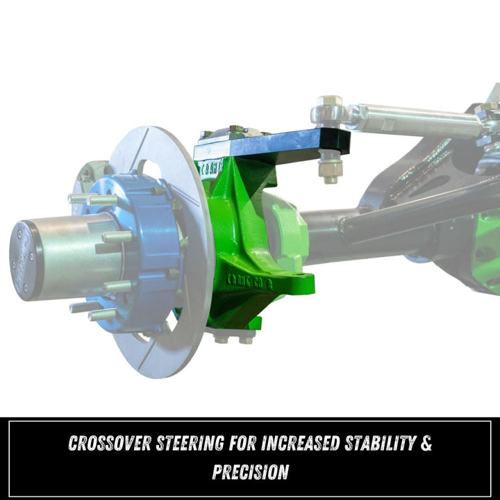 Close-up of a green and silver steering component with 8620 chromoly Dana 60 steering components on a white background