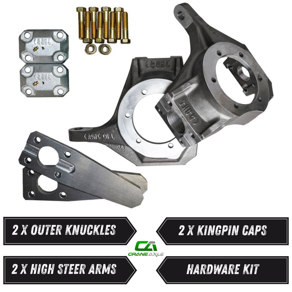Crane Axle Dana 60 high steer knuckles, kingpin caps, and high steer arms on a white background.