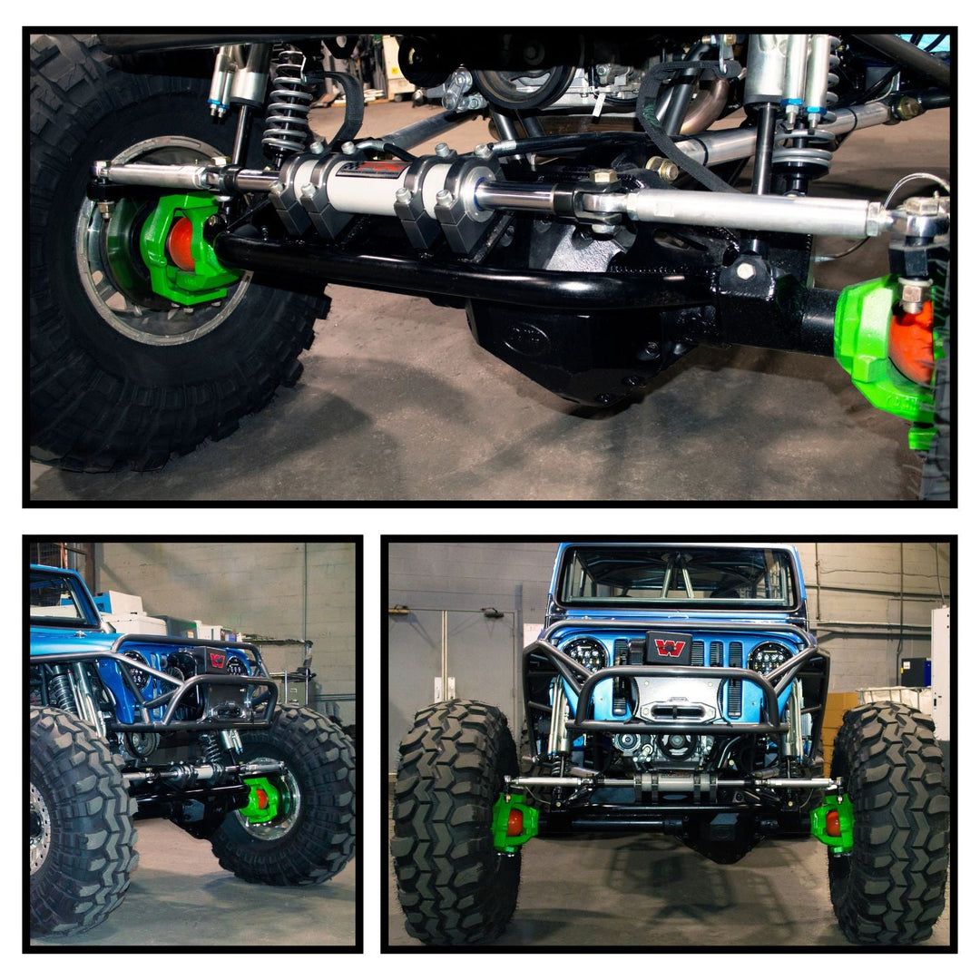 Close-up of vehicle suspension system with Dana 60 high steer arm setup, followed by a collage of a blue jeep in a garage.