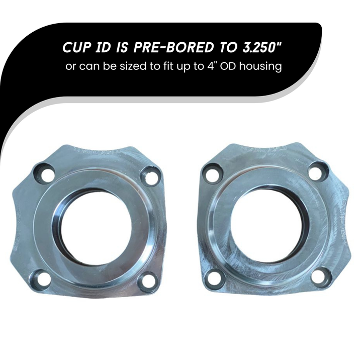 Two Rear Super Duty Unit Bearing Cups for 40 Spline Axles with text indicating cup ID size on a white background