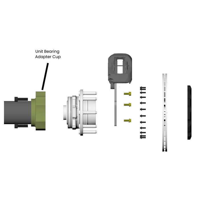 Illustration of Weld-on Unit Bearing Cups for Rear Axle Build components including a unit bearing, adapter cup, and various parts on a white background.