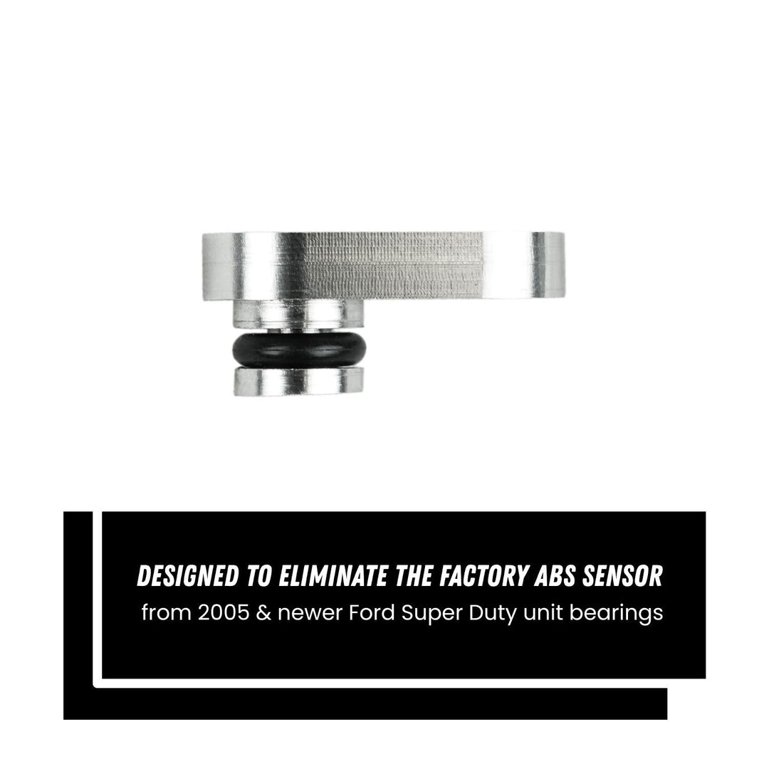 7075 billet aluminum ABS port plug for Ford Super Duty vehicles with text on a white background