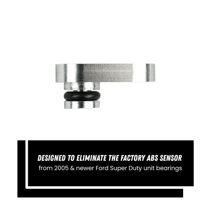 7075 billet aluminum ABS port plug for Ford Super Duty vehicles with text on a white background