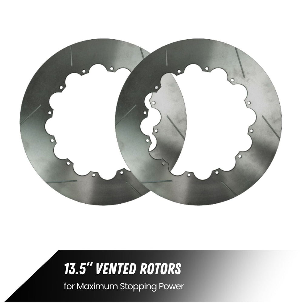 Two 13.5 inch vented Crane Axle 05+ Super Duty front brakes with text on a white background