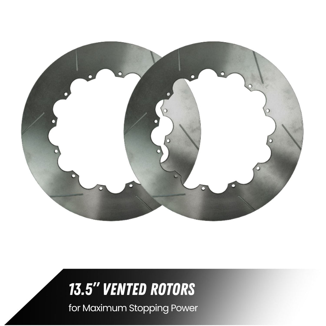Two 13.5 inch vented Crane Axle 05+ Super Duty front brakes with text on a white background