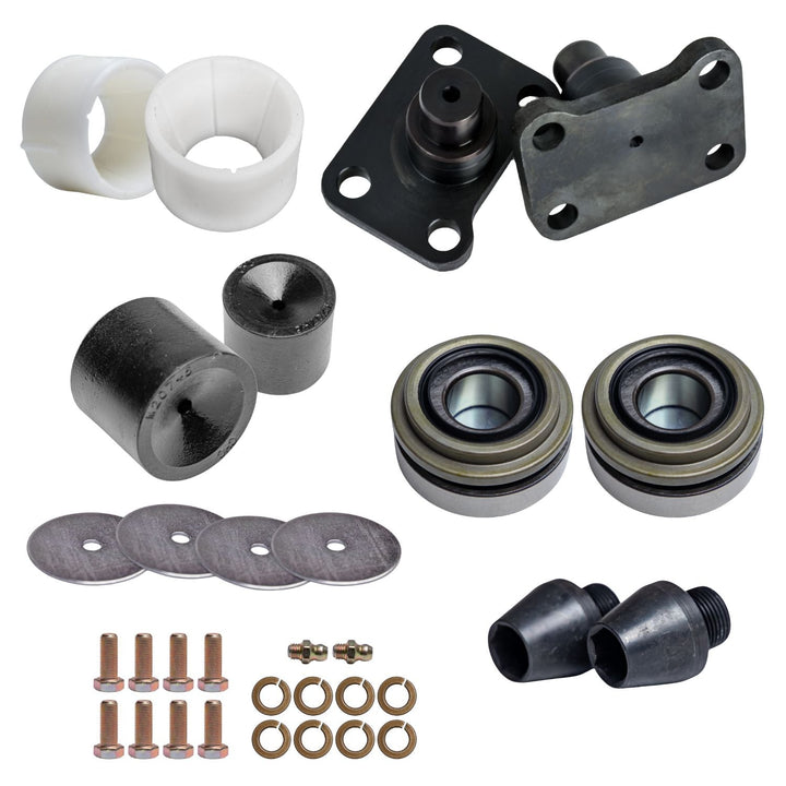 Crane Axle Dana 60 King Pin Rebuild Kit parts including bearings, washers, and bolts on a white background