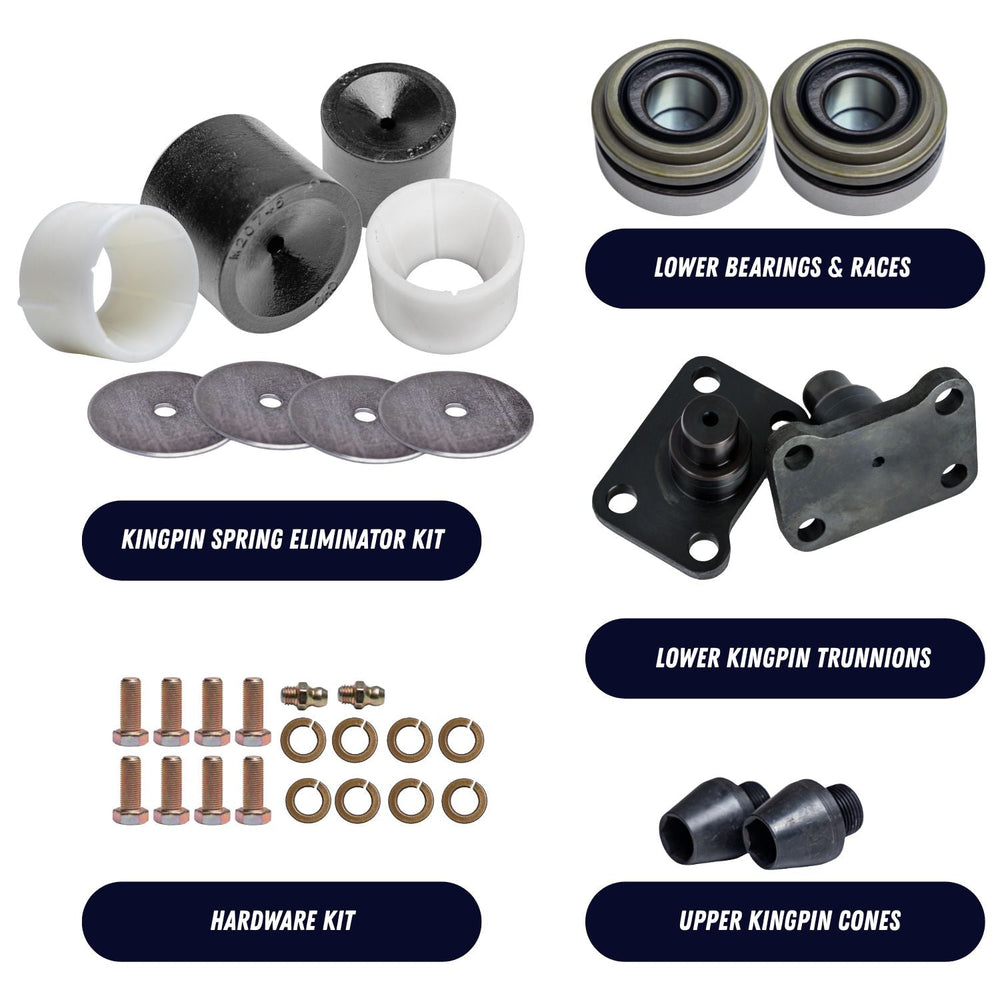 Ford Dana 60 Kingpin rebuild kit parts including bearings, trunnions, and hardware on a white background.