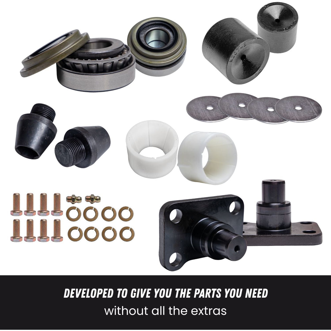Dana 60 steering knuckle component kit parts including bearings, washers, and brackets on a white background.