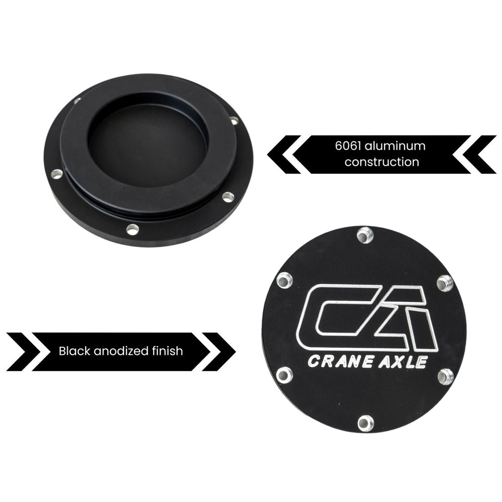 Black RCV Big Bell axle hub covers with 'Crane Axle' branding on a white background
