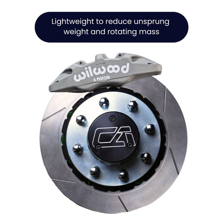 Lightweight 6 piston off-road brake kit information on a white background