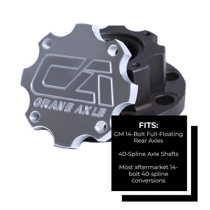 Grane Axle 14 bolt drive flanges with branding on a white background