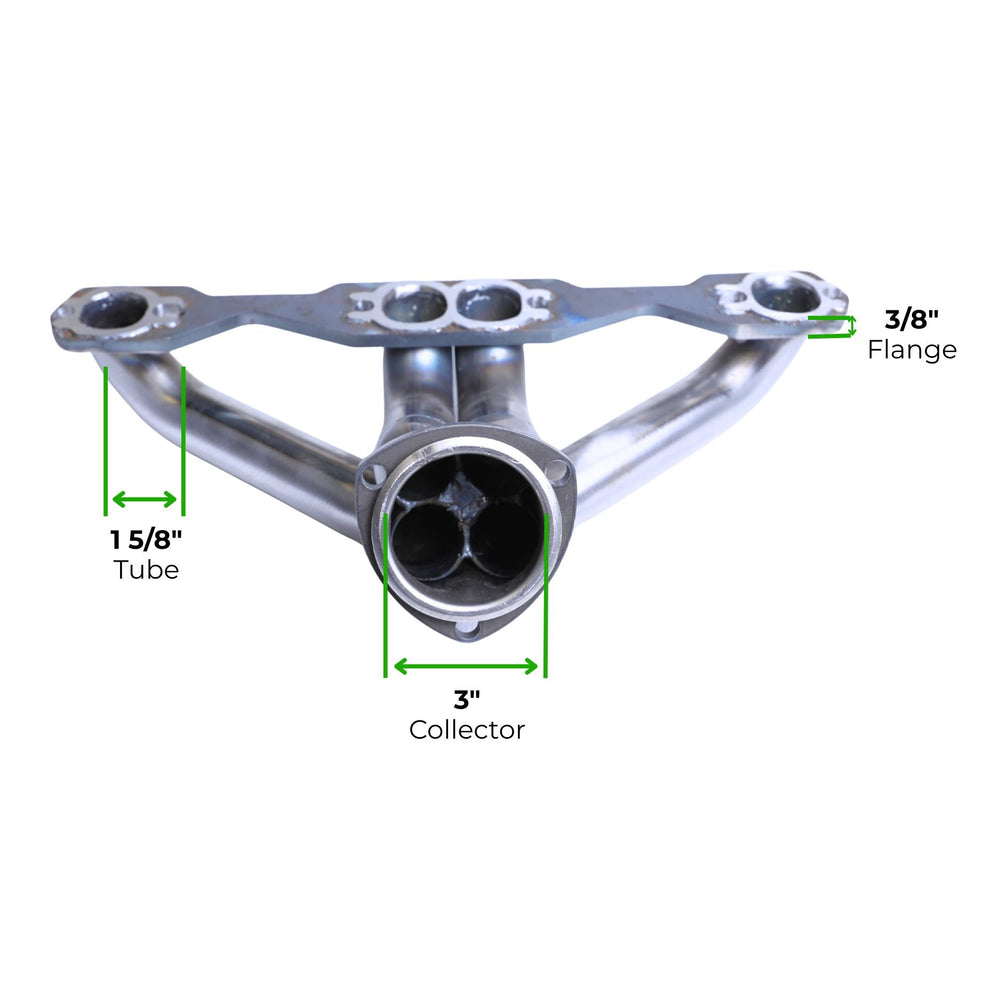 LS block hugger headers for GM with labeled dimensions on a white background