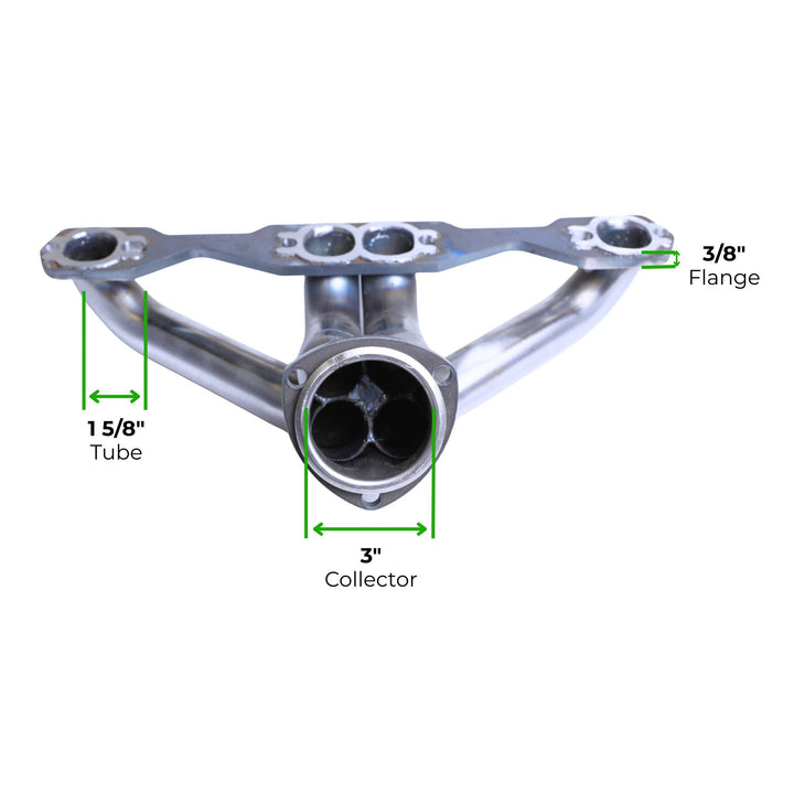 LS block hugger headers for GM with labeled dimensions on a white background