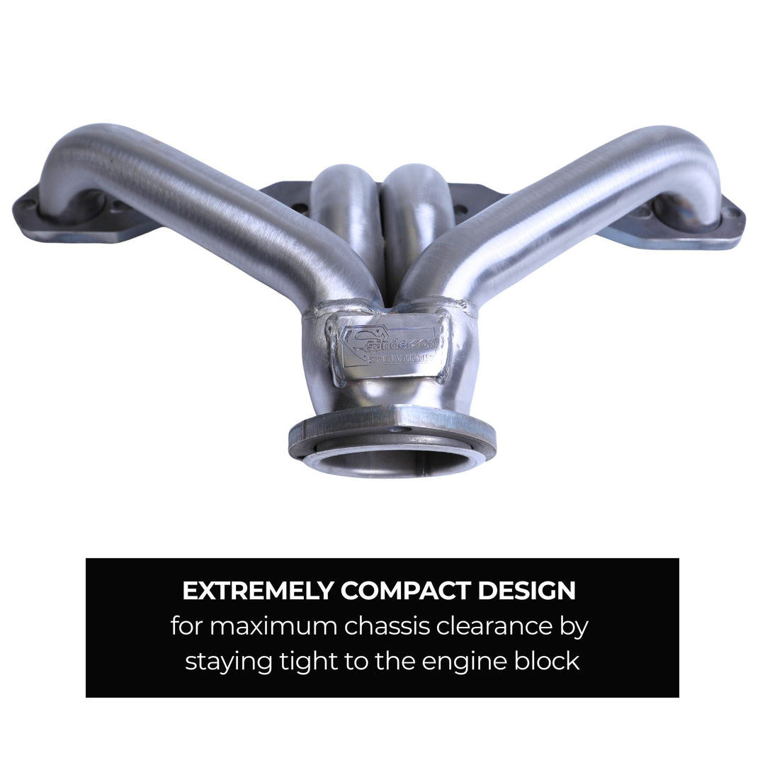 Aftermarket chassis LS Block Hugger Headers with text on a white background
