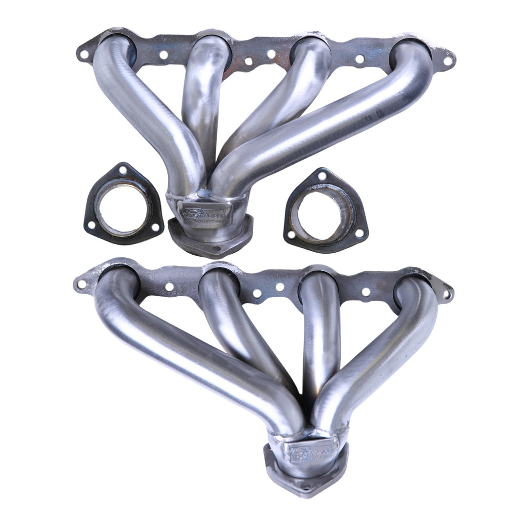 Sanderson LS block hugger headers with gaskets on a white background