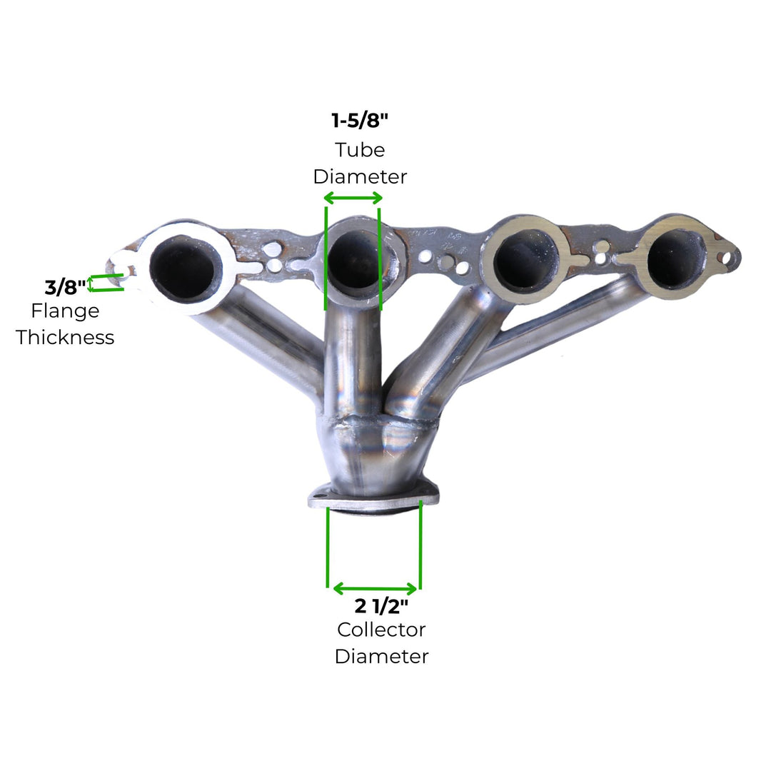 GM LS raw steel block hugger headers with measurements labeled on a white background