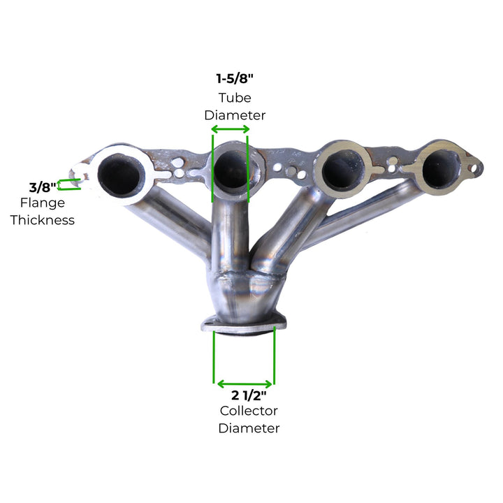 GM LS raw steel block hugger headers with measurements labeled on a white background