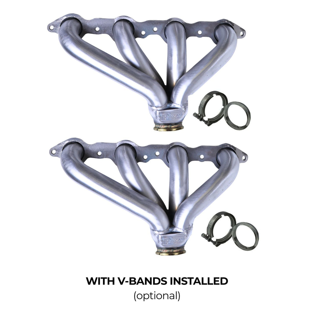 Two compact LS swap exhaust headers with V-bands on a white background