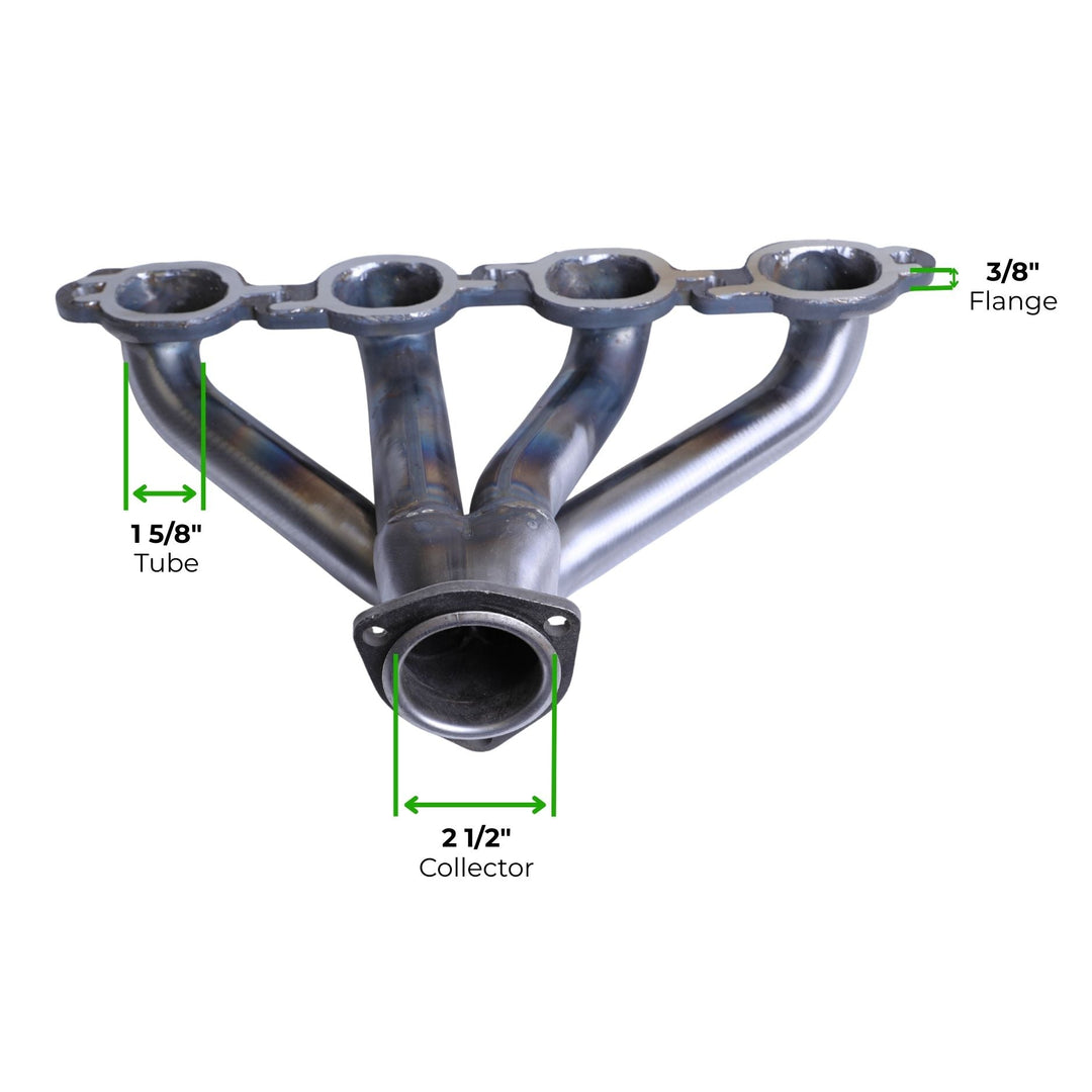 Sanderson LT swap headers raw steel with dimensions labeled on a white background