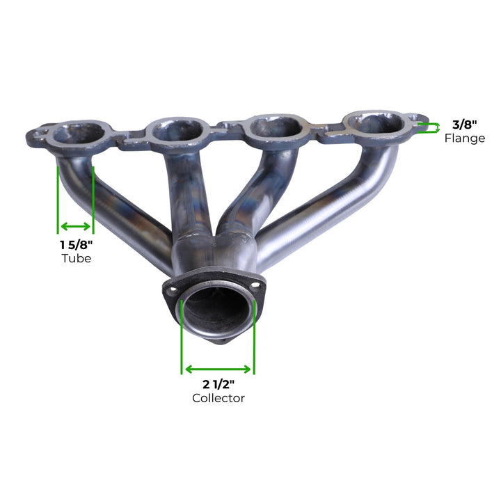 Sanderson LT swap headers raw steel with dimensions labeled on a white background