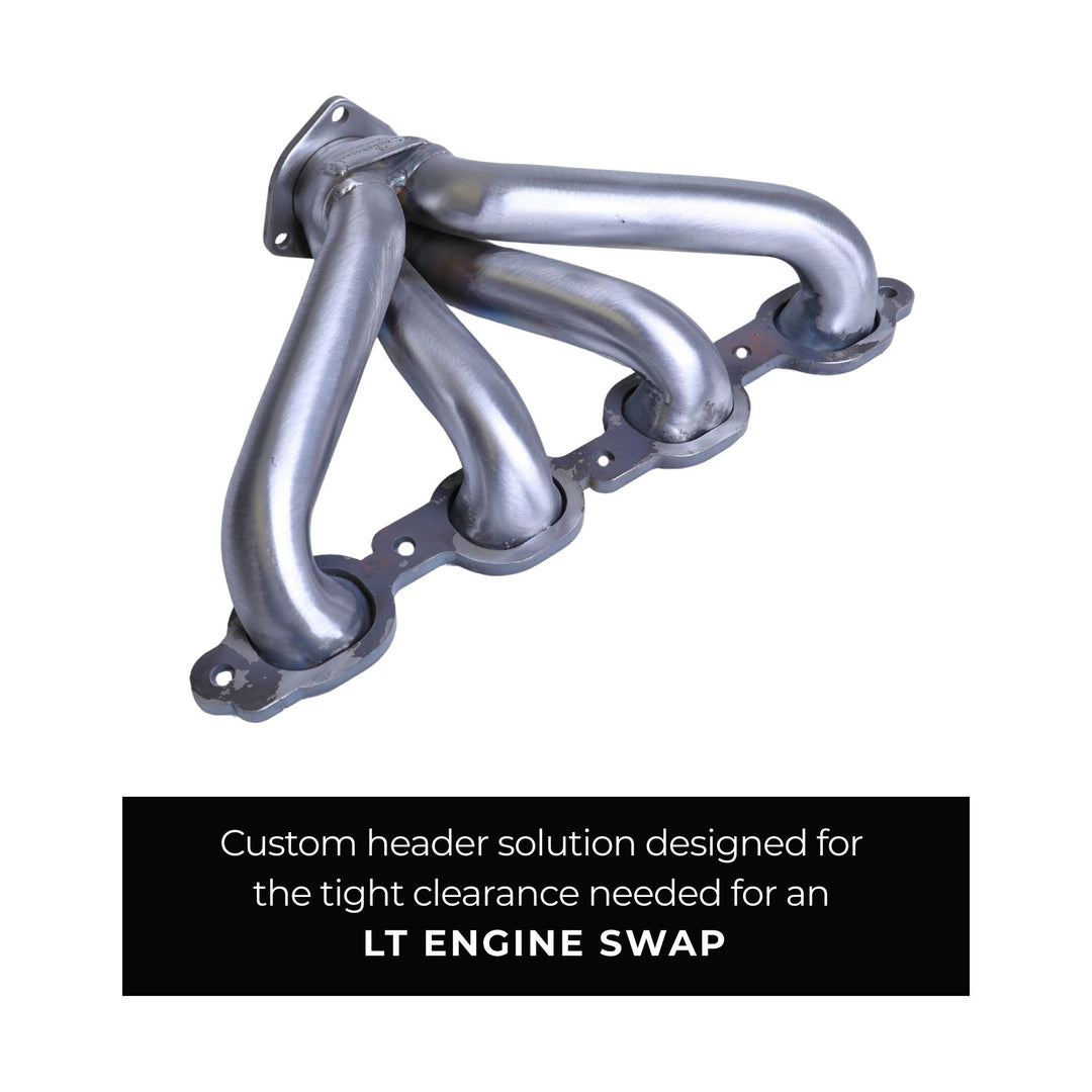 GM LT block hugger headers for hot rods with text indicating LT engine swap on a white background