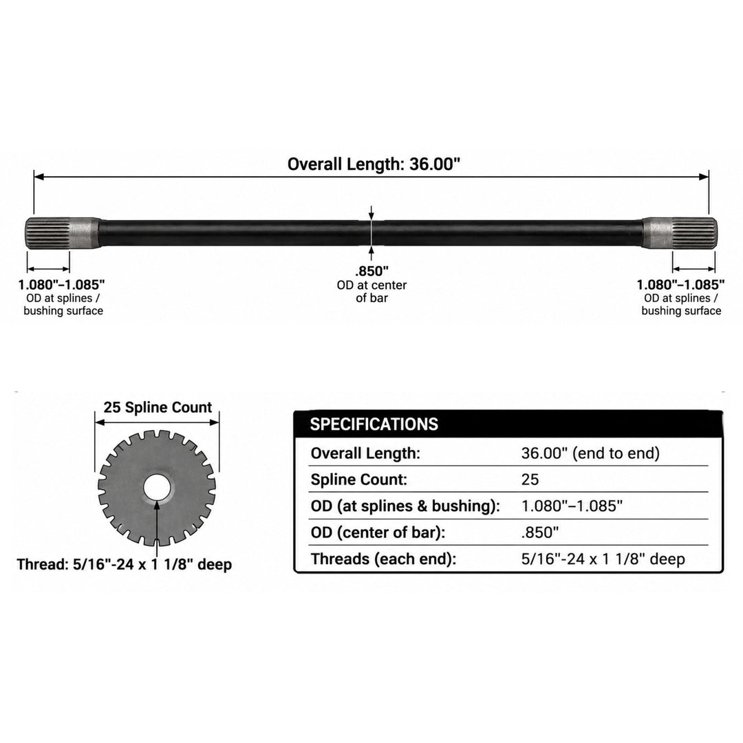 Technical specification diagram of a replacement .850 diameter Antirock sway bar showing overall length 36.00 inches, OD measurements, and a specifications table on a white background.