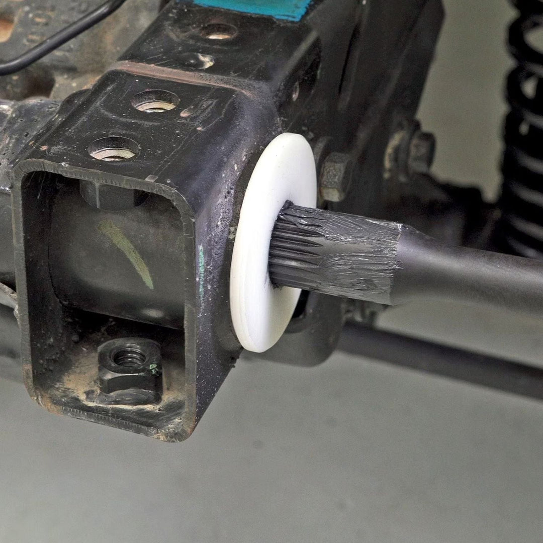 Close-up of a RockJock 25 spline AntiRock bushing in use on a sway bar