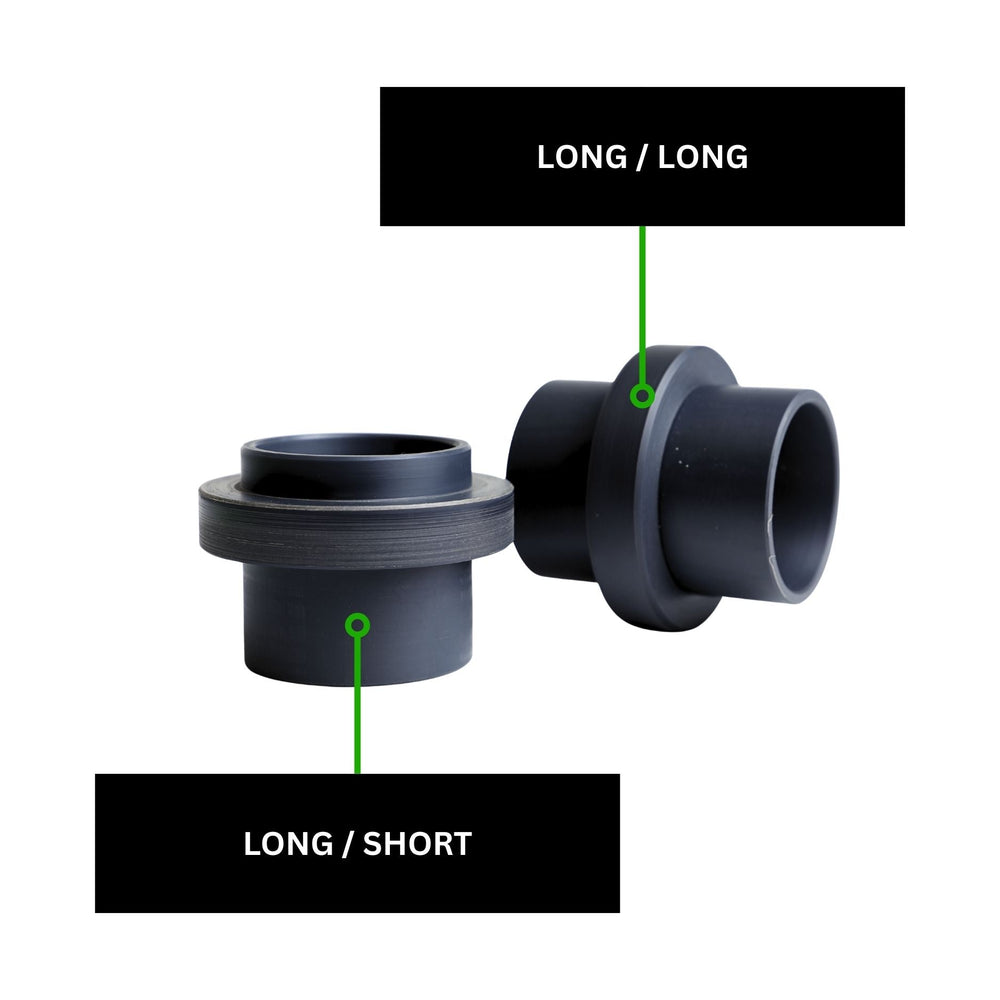 Radflo 2.5 inch coilover dual rate hardware with labels indicating 'LONG / LONG' and 'LONG / SHORT' on a white background.