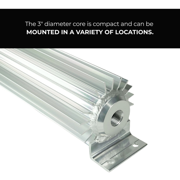 off road hydraulic power steering cooler aluminum with text about its compact design and mountability.
