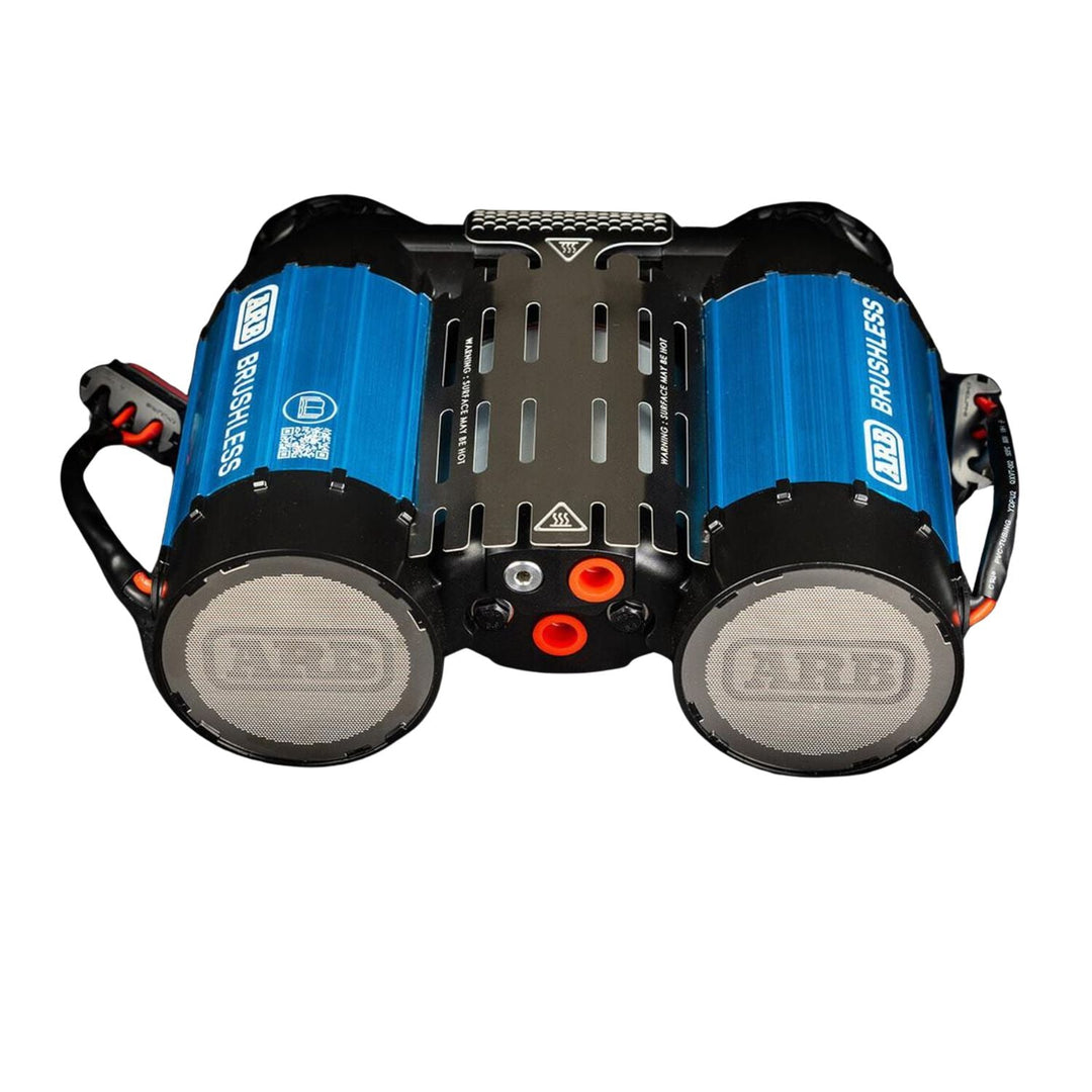Blue and black arb brushless twin 12v onboard air compressor with 'ARB' branding on a white background
