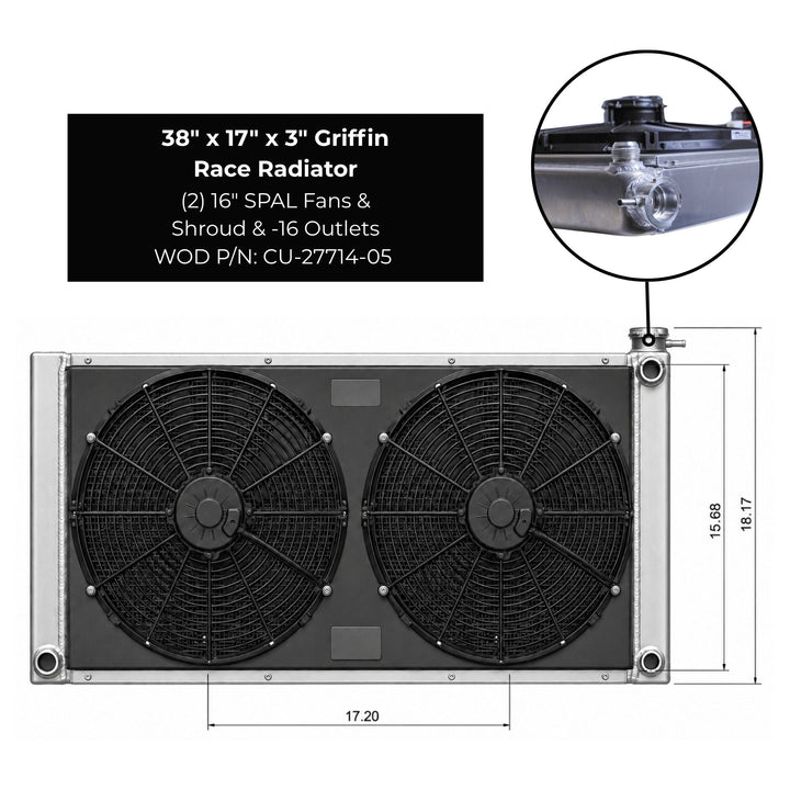 WOD Race Radiator 38" x 17" x 3" - Dual 16" SPAL Fans &amp; Shroud